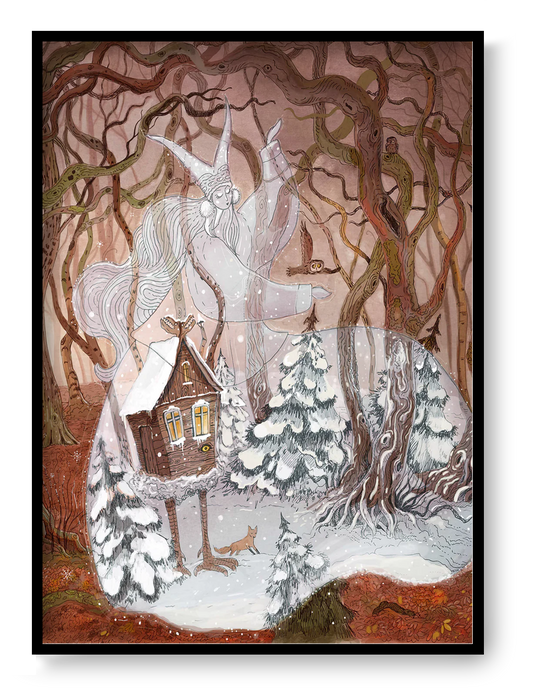 Enchanting winter illustration Baba Yaga’s Cabin by Lena Yampolski — giclée art print featuring a magical hut on chicken legs in a snowy forest, inspired by Slavic folklore and Andersen’s Snow Queen. Perfect fairy-tale wall art for cozy homes and kids’ rooms.