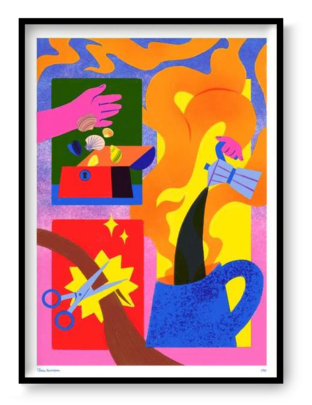 Limited edition A3 risograph print titled “Back to Business” by Clara Hinoveanu, featuring vibrant abstract figures, expressive hands, and everyday work symbols in bold pink, orange, blue, and yellow tones, printed on Munken Print White paper in Belgium.