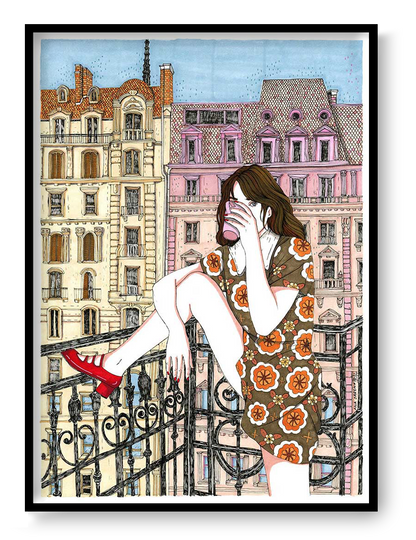 A4 illustration print by Spanish artist Ana Jarén – woman in retro floral dress enjoying coffee on a Paris-style balcony, with pastel architecture in the background, printed on acid-free 200 gsm paper – feminine, urban art for modern interiors.