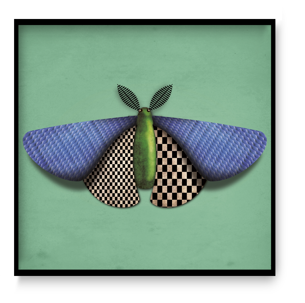 Stylized digital illustration by Studio Frits titled 'Baptiste de Papillon de Nuit,' featuring a geometric moth with textured blue wings, checkered underwings, and a green body set against a vivid teal background. Combining surrealism with modern design, this bold and whimsical insect portrait is perfect for contemporary spaces and fans of unique entomology-inspired art
