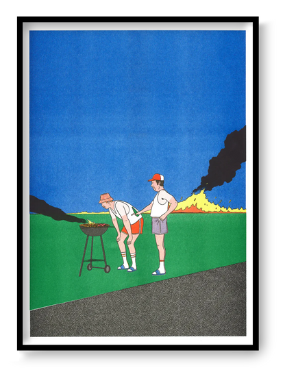 Barbeuc by Simon Bailly risograph print – two men at a barbecue with smoke and fire in a vivid blue and green landscape. A playful, colorful French illustration mixing humor, everyday life, and comic-style minimalism. Perfect contemporary wall art for design lovers.