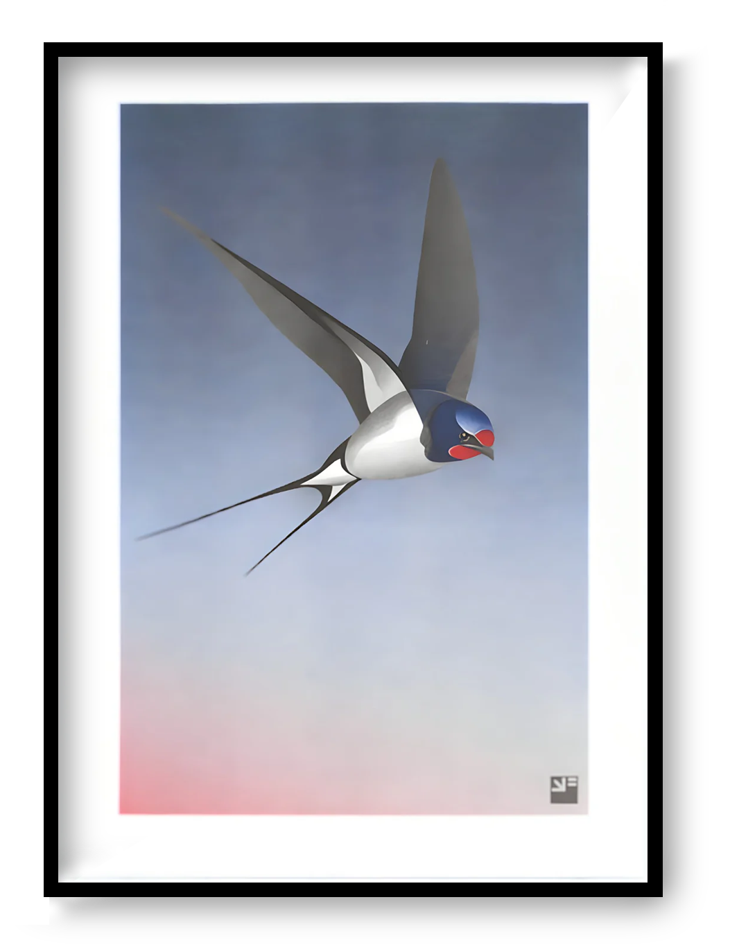Elegant and minimalist illustration by Vrijformaat titled 'Barn Swallow,' featuring a sleek swallow in mid-flight against a smooth gradient background that transitions from soft pink to deep blue. This refined composition captures the grace and motion of the bird with clean lines and subtle texture—ideal for nature lovers, bird enthusiasts, and fans of serene, contemporary design