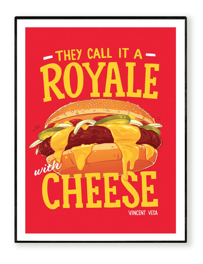 Royale with Cheese by Barrie Jones – 30x40 cm art print featuring a mouthwatering cheeseburger inspired by Quentin Tarantino’s Pulp Fiction. Bold red background, dripping melted cheese, cinematic pop art illustration perfect for kitchens, bars, restaurants, and movie lovers.