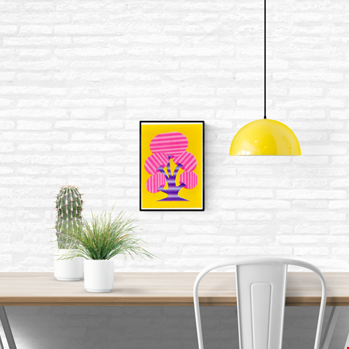 Funky abstract mushroom risograph print by Dutch illustrator PTRVRKD – bold minimalist design with purple stem, striped pink mushroom caps, and bright yellow background, printed with eco-friendly soy inks on 250 gsm Biotop paper, handmade in the Netherlands – small, playful art print for modern spaces.