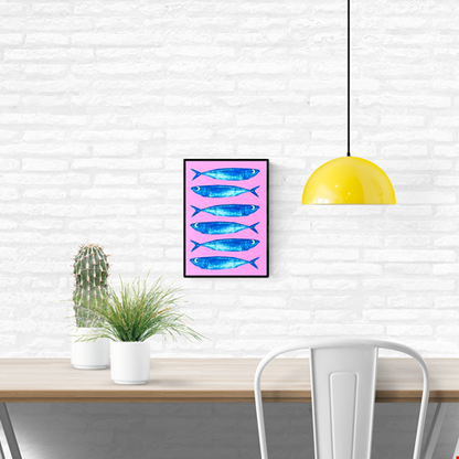 Bright pink and blue offset print of sardines by Dutch illustrator PTRVRKD – playful modern seafood illustration with seven blue fish on bold pink background, printed with eco-friendly soy inks on 250 gsm Biotop paper, handmade in the Netherlands – quirky small art print for kitchens or walls.