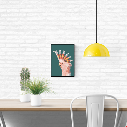“Fashionista” by Floor 4 Productions – Digital art print of a pink cockatoo with vibrant yellow and orange crest on a muted green background, minimalist A4 wall decor made in Belgium.