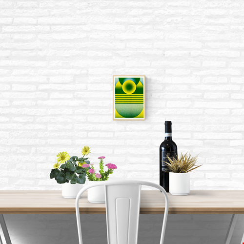 Yellow and green geometric risograph print by Dutch artist PTRVRKD – abstract landscape with bold spheres, gradients, and layered shapes, printed with eco-friendly soy inks on 250 gsm Biotop paper, handmade in the Netherlands – ideal minimalist wall art for modern interiors.