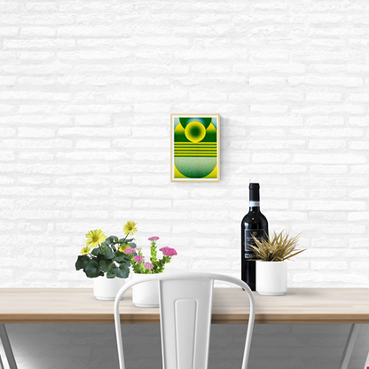 Yellow and green geometric risograph print by Dutch artist PTRVRKD – abstract landscape with bold spheres, gradients, and layered shapes, printed with eco-friendly soy inks on 250 gsm Biotop paper, handmade in the Netherlands – ideal minimalist wall art for modern interiors.