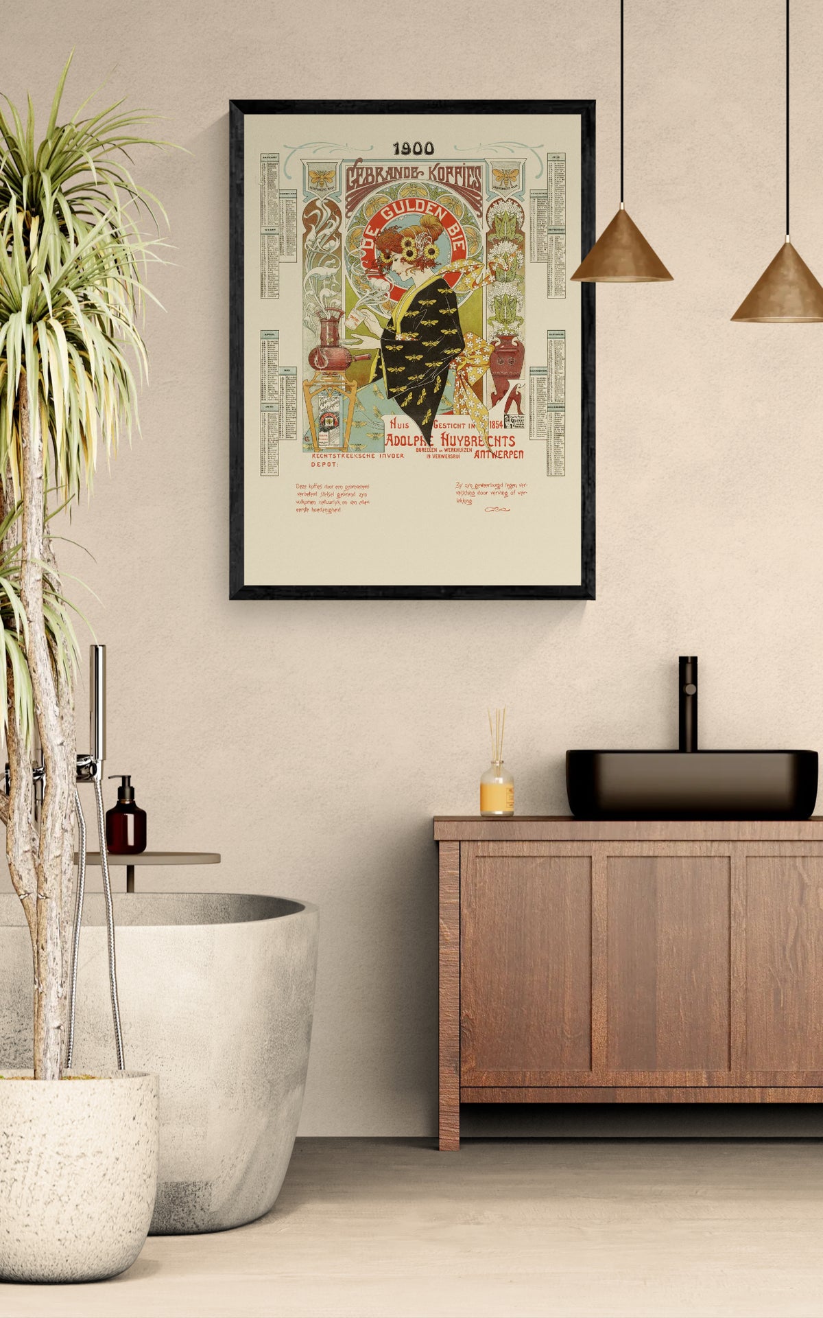Vintage Art Nouveau coffee advertisement by Albert Castille featuring a woman surrounded by bees, flowers, ornate lettering and warm cream, orange, green and black tones. Vertical 50x70 digital print for kitchen or dining room wall art.