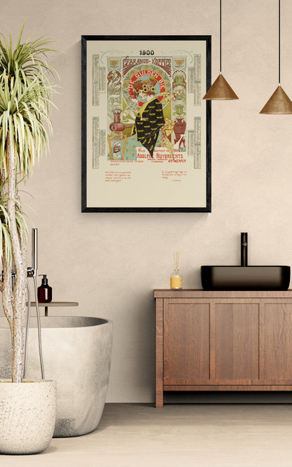 Vintage Art Nouveau coffee advertisement by Albert Castille featuring a woman surrounded by bees, flowers, ornate lettering and warm cream, orange, green and black tones. Vertical 50x70 digital print for kitchen or dining room wall art.