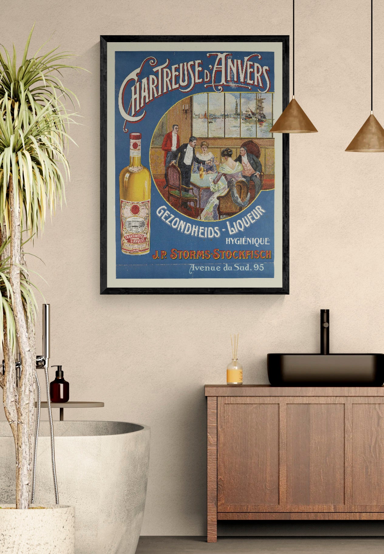 Vintage Chartreuse d'Anvers advertising poster showing a liquor bottle, elegant figures and Antwerp harbor scenery in blue, red and gold, vertical digital print for retro wall decor.