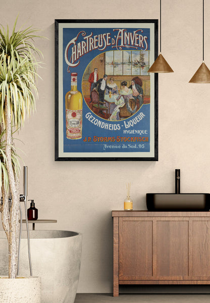 Vintage Chartreuse d'Anvers advertising poster showing a liquor bottle, elegant figures and Antwerp harbor scenery in blue, red and gold, vertical digital print for retro wall decor.