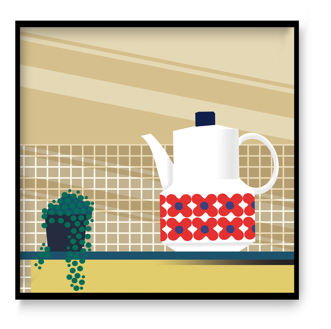 Charming vintage-style illustration by Studio Frits titled 'Bavaria Coffeepot,' featuring a retro porcelain coffee pot with bold red and blue floral motifs, set on a tiled kitchen counter with a hanging string-of-pearls plant. A warm and nostalgic tribute to mid-century kitchenware and European design