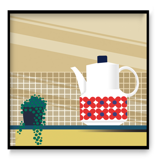 Charming vintage-style illustration by Studio Frits titled 'Bavaria Coffeepot,' featuring a retro porcelain coffee pot with bold red and blue floral motifs, set on a tiled kitchen counter with a hanging string-of-pearls plant. A warm and nostalgic tribute to mid-century kitchenware and European design