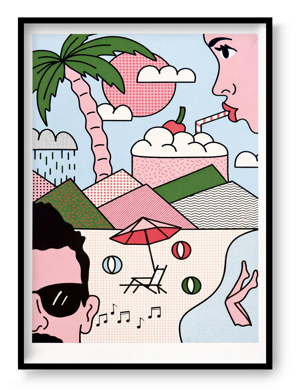 Contemporary pop-art screen print “Beach” by Studio Stoutpoep featuring graphic summer imagery with palm tree, stylized faces, beach umbrella, ice cream, music notes, and geometric patterns in pink, green, and blue tones, printed on 300g recycled paper as bold modern wall art.