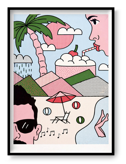 Contemporary pop-art screen print “Beach” by Studio Stoutpoep featuring graphic summer imagery with palm tree, stylized faces, beach umbrella, ice cream, music notes, and geometric patterns in pink, green, and blue tones, printed on 300g recycled paper as bold modern wall art.