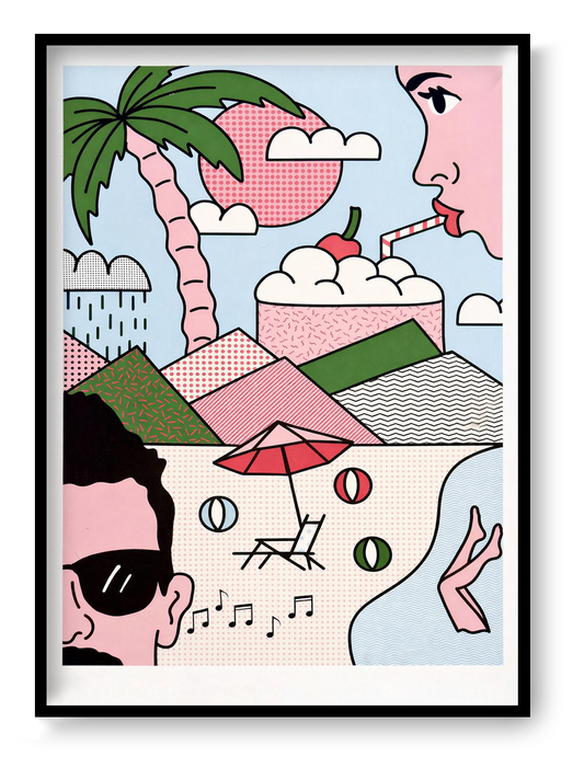 Contemporary pop-art screen print “Beach” by Studio Stoutpoep featuring graphic summer imagery with palm tree, stylized faces, beach umbrella, ice cream, music notes, and geometric patterns in pink, green, and blue tones, printed on 300g recycled paper as bold modern wall art.