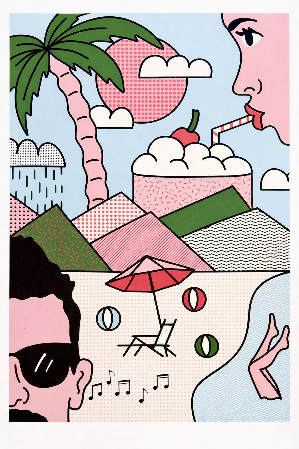Contemporary pop-art screen print “Beach” by Studio Stoutpoep featuring graphic summer imagery with palm tree, stylized faces, beach umbrella, ice cream, music notes, and geometric patterns in pink, green, and blue tones, printed on 300g recycled paper as bold modern wall art.