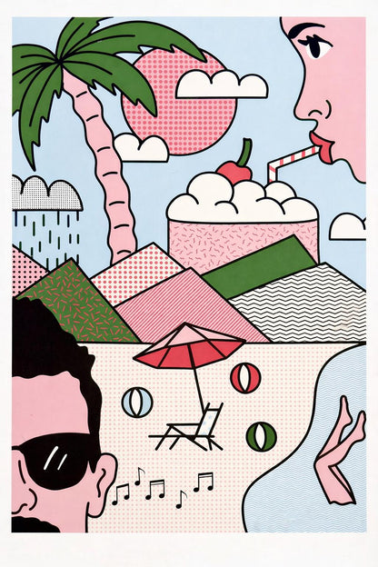 Contemporary pop-art screen print “Beach” by Studio Stoutpoep featuring graphic summer imagery with palm tree, stylized faces, beach umbrella, ice cream, music notes, and geometric patterns in pink, green, and blue tones, printed on 300g recycled paper as bold modern wall art.