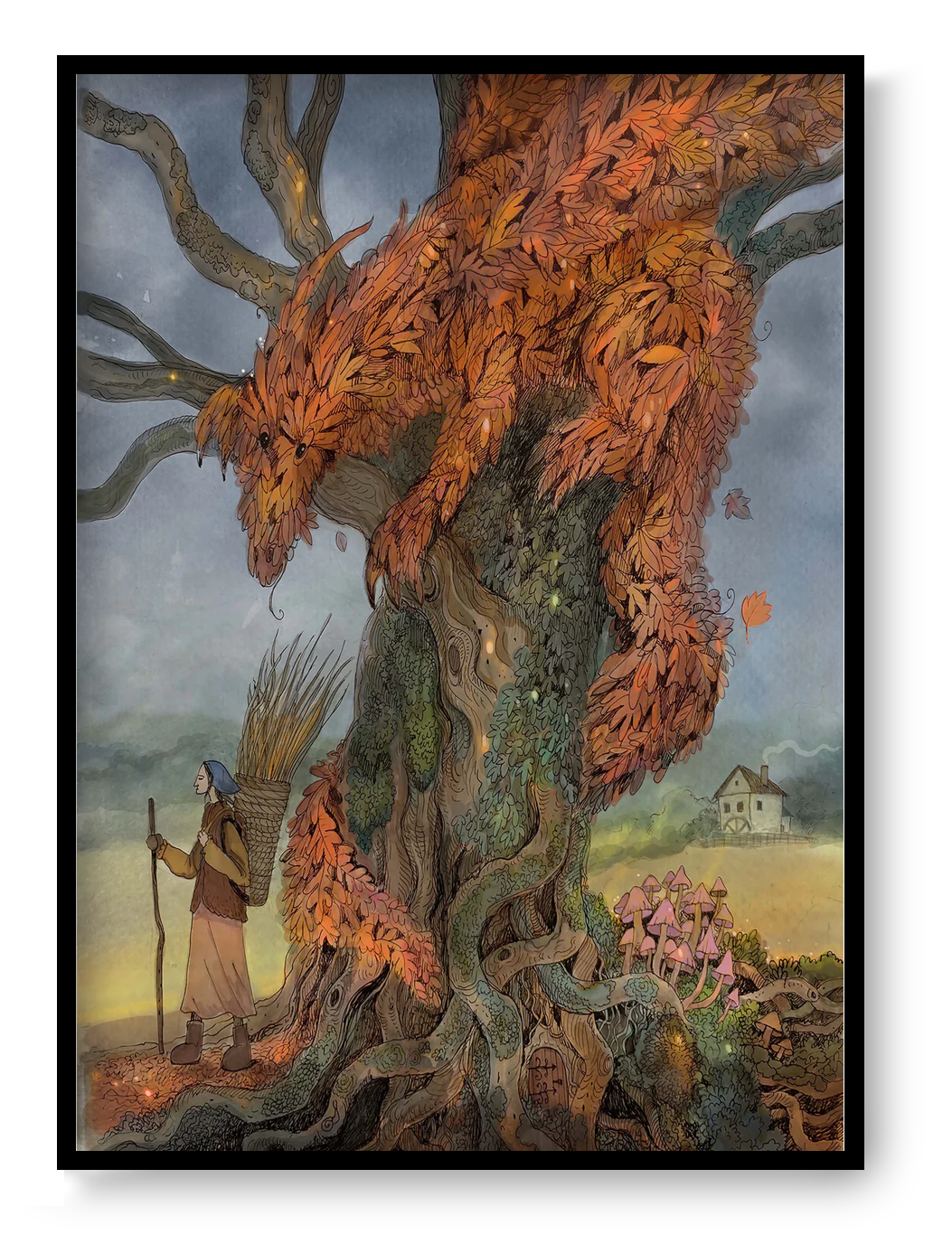 A detailed fantasy illustration titled Beast of Autumn by Lena Yampolski, featuring a majestic dragon made of orange leaves resting in a giant ancient tree while a villager with a basket walks nearby, surrounded by mushrooms and a misty countryside house — a magical autumn scene perfect for cozy interior decor and art lovers.