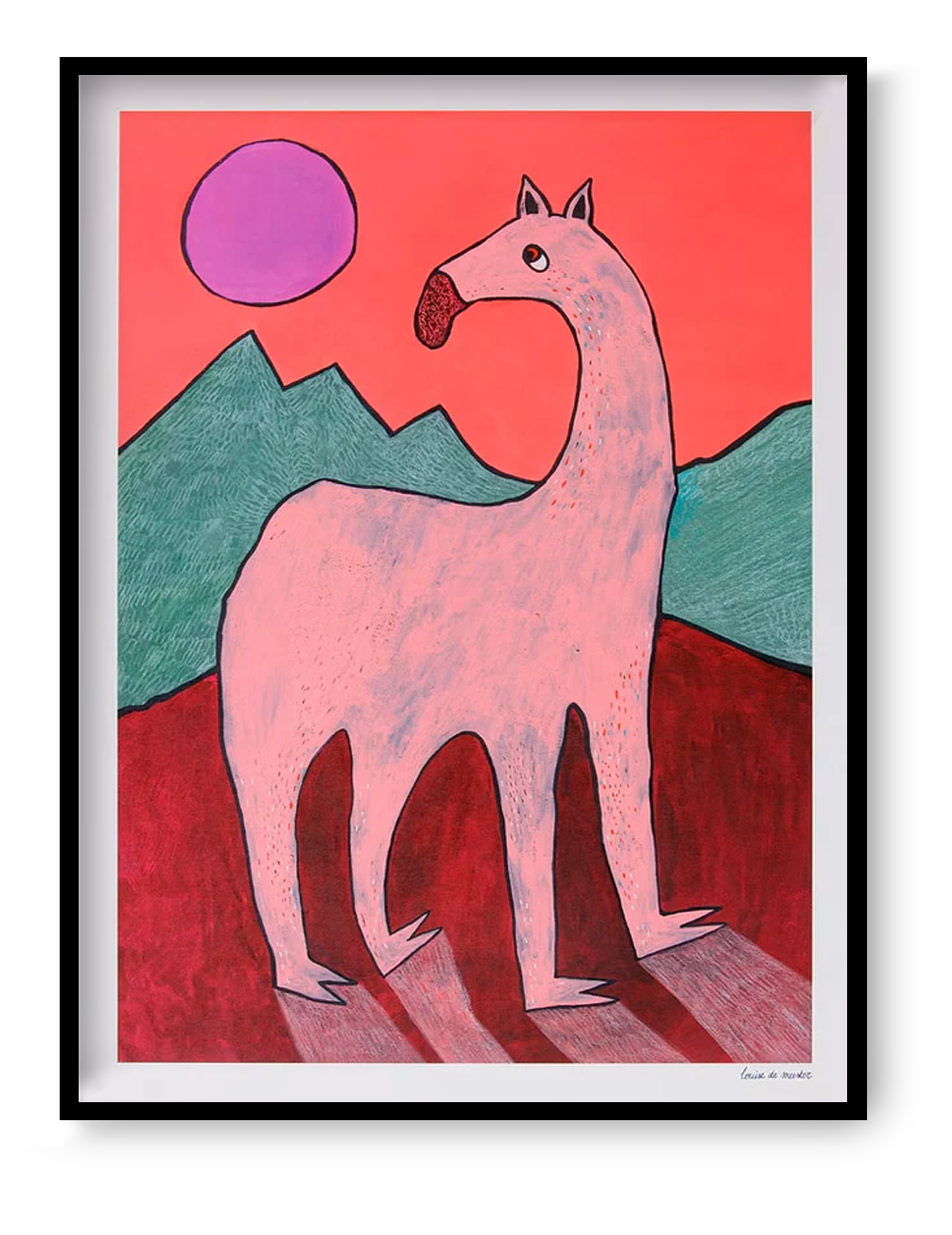 Playful and surreal illustration titled 'Beest 1' by Louise de Meester, featuring a quirky pink creature with an elongated neck set against bold red mountains, green hills, and a purple sun – a whimsical and bold art print for contemporary interiors