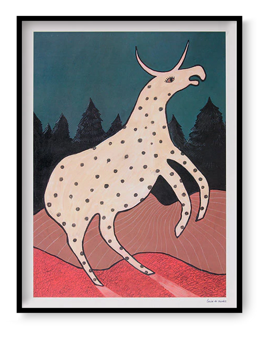 Surreal illustration titled Beest 2 by Louise de Meester, featuring a fantastical cream-colored creature with black spots and a single horn, set against a twilight forest backdrop with bold red terrain and a deep teal sky