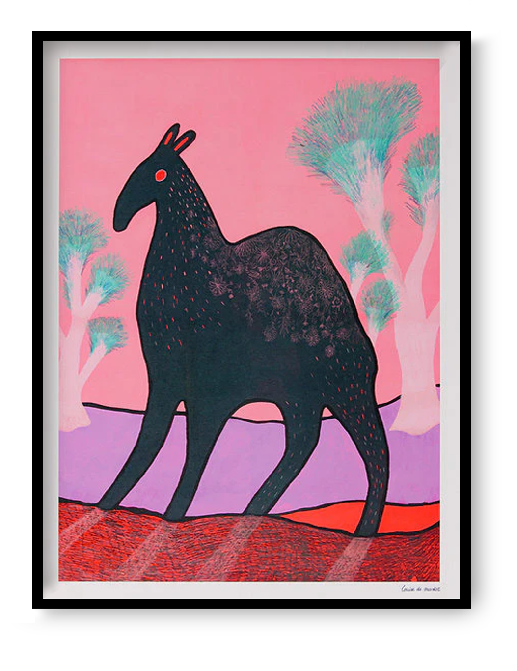 Whimsical illustration titled Beest 3 by Louise de Meester, depicting a mysterious dark creature with red eyes and subtle fur texture, set against a surreal pink and lavender landscape with dreamlike turquoise trees
