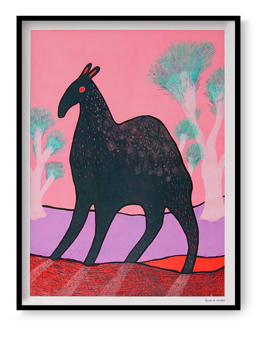 Whimsical illustration titled Beest 3 by Louise de Meester, depicting a mysterious dark creature with red eyes and subtle fur texture, set against a surreal pink and lavender landscape with dreamlike turquoise trees