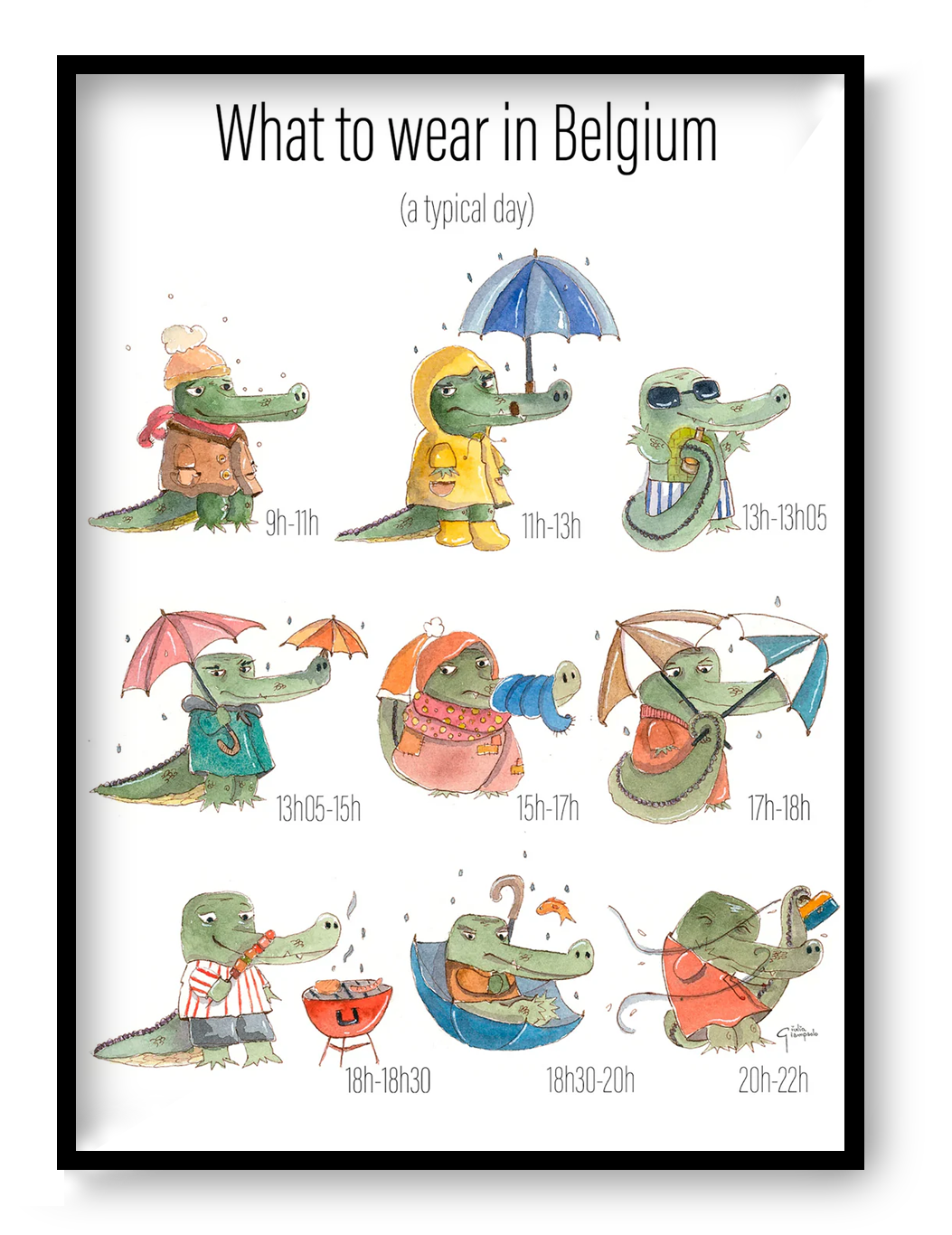 Whimsical watercolor illustration titled “Belgian Day” by Giu Watercolor, showing a crocodile character changing outfits throughout a rainy Belgian day, playful and humorous art print, A4 size, made in Belgium, contemporary European illustration for modern interiors.