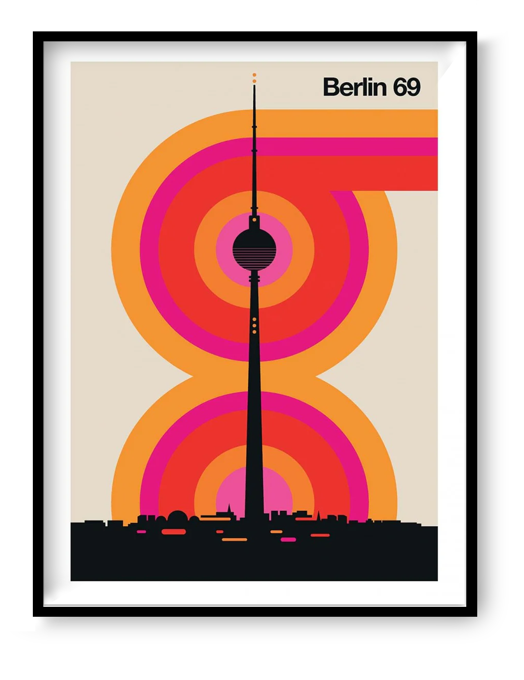 Berlin 69 by Bo Lundberg – 30x40 cm retro art print featuring the Berlin TV Tower with vibrant concentric circles in orange and pink, inspired by 1960s and 1970s graphic design. Minimalist geometric style, printed on FSC-certified paper in France, unframed, eco-friendly urban wall art for design and architecture lovers.