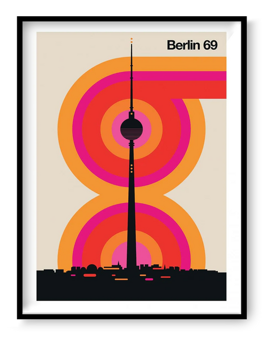 Berlin 69 by Bo Lundberg – 30x40 cm retro art print featuring the Berlin TV Tower with vibrant concentric circles in orange and pink, inspired by 1960s and 1970s graphic design. Minimalist geometric style, printed on FSC-certified paper in France, unframed, eco-friendly urban wall art for design and architecture lovers.