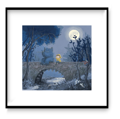 Dreamy giclée art print “Between the River and the Moon” by Willy Leung, 30x30 cm square wall art with soft colors and magical night atmosphere, contemporary illustration for modern home decor.