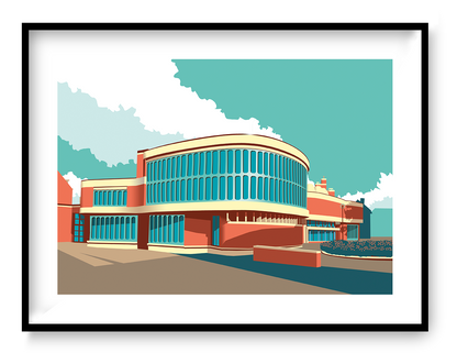 Graphic architectural illustration of the modernist Bibliotheek Schoten designed by Renaat Braem in 1974, iconic Belgian library building depicted in bold geometric style by Studio Frits.