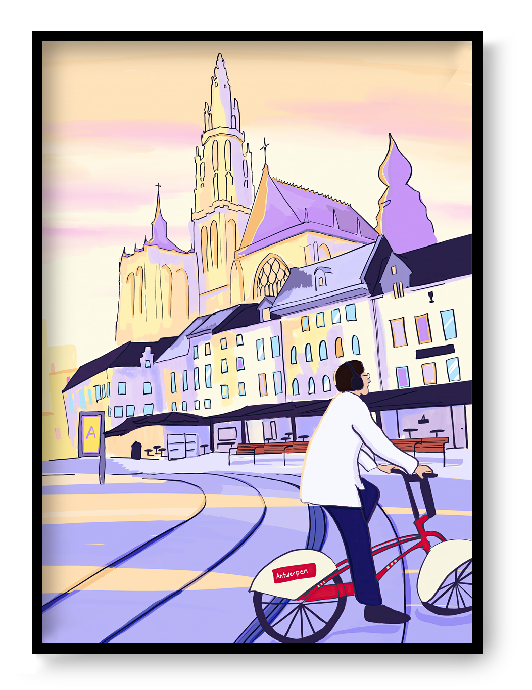 A4 Fine Art Giclée print “Bike Rides and a Little Sun” by Valeria Maggiani featuring Antwerp Cathedral and a rider on the official Antwerp Velo bike at sunset, contemporary European city illustration printed on 100% cotton 310 gsm textured paper with archival pigment inks.