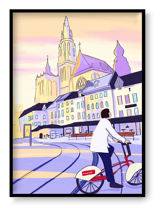A4 Fine Art Giclée print “Bike Rides and a Little Sun” by Valeria Maggiani featuring Antwerp Cathedral and a rider on the official Antwerp Velo bike at sunset, contemporary European city illustration printed on 100% cotton 310 gsm textured paper with archival pigment inks.