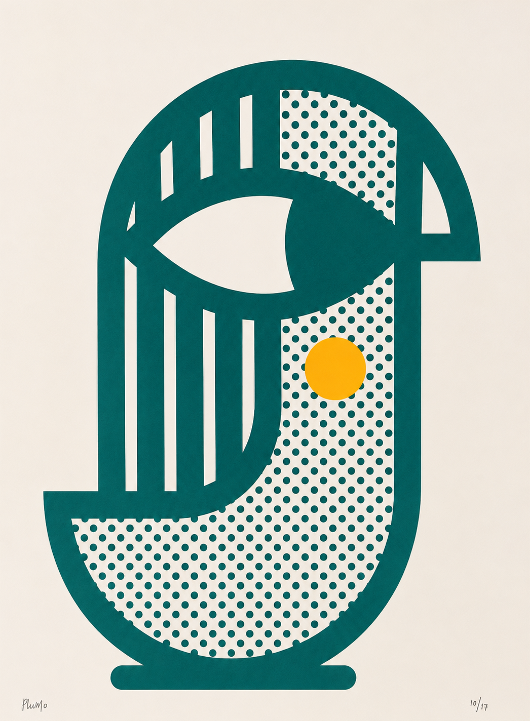 Bird 1 handmade screenprint by PLUMO featuring a geometric abstract bird shape in teal with dotted textures and a yellow circular detail on an off-white background, modern A3 wall art print for contemporary interiors.