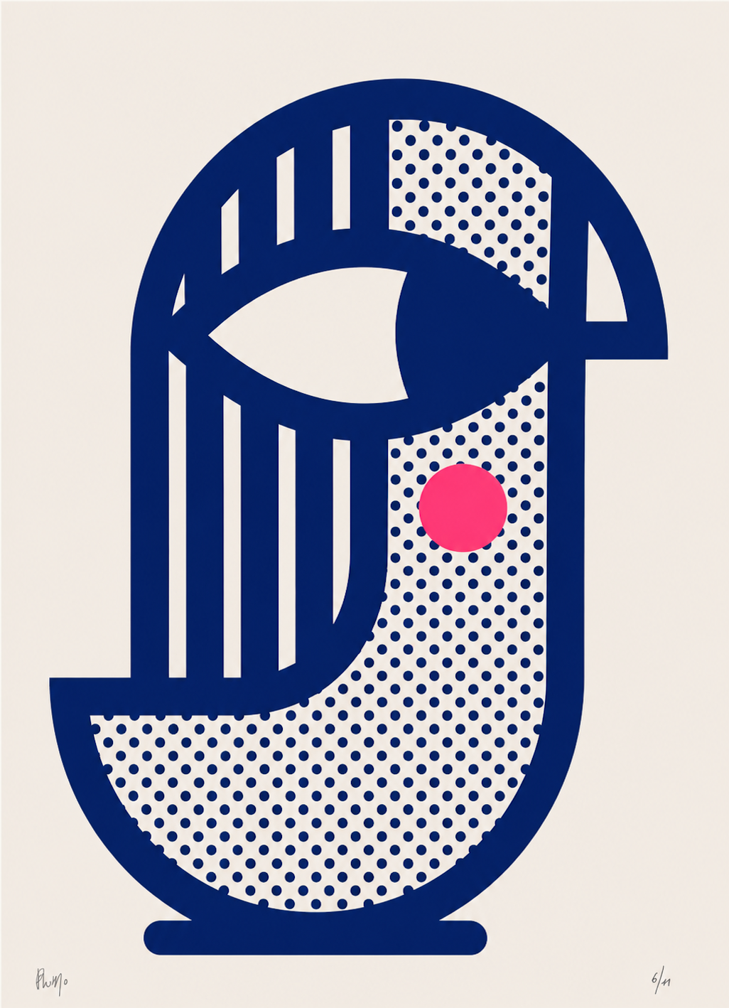 Handmade geometric screenprint titled Bird 2 by PLUMO featuring abstract bird-inspired shapes in deep cobalt blue with dotted textures and a bright pink circle on a neutral background.