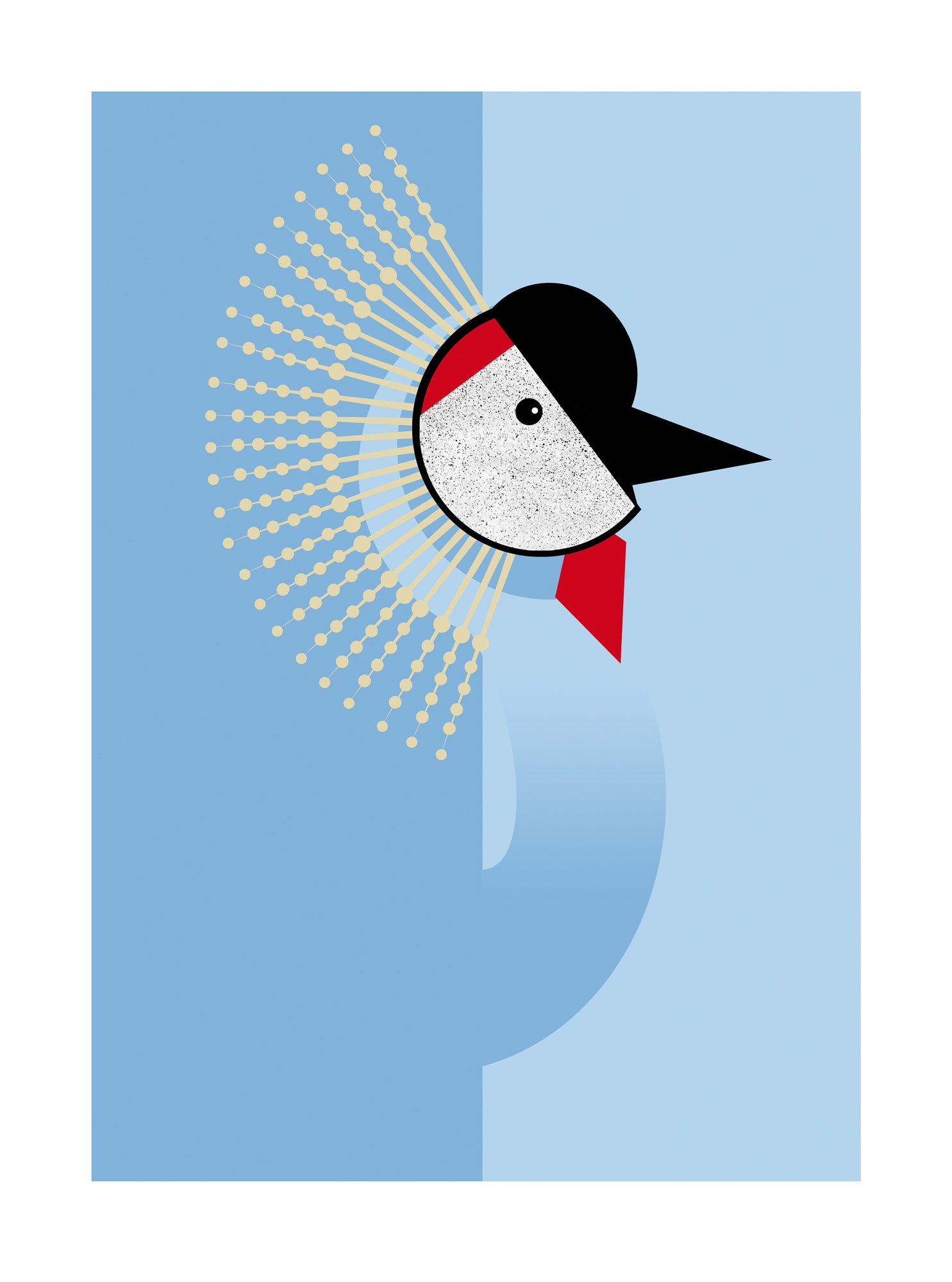 Minimalist modern crane bird illustration by Studio Frits, featuring bold geometric shapes and soft blue tones with red and black accents. A Scandinavian-inspired art print perfect for contemporary interiors and bird art collectors. Available at Galerie Frits