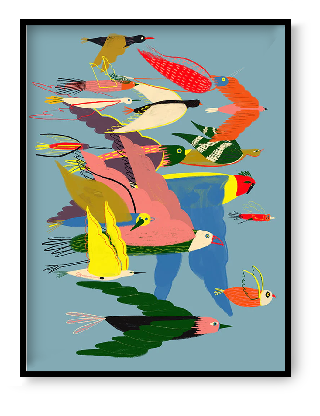 Colourful Giclée art print by Spanish illustrator Miguel Manich featuring a vibrant flock of stylized birds flying against a blue background – 30x40 cm, signed, printed on 190 gsm enhanced matte paper.