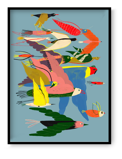 Colourful Giclée art print by Spanish illustrator Miguel Manich featuring a vibrant flock of stylized birds flying against a blue background – 30x40 cm, signed, printed on 190 gsm enhanced matte paper.