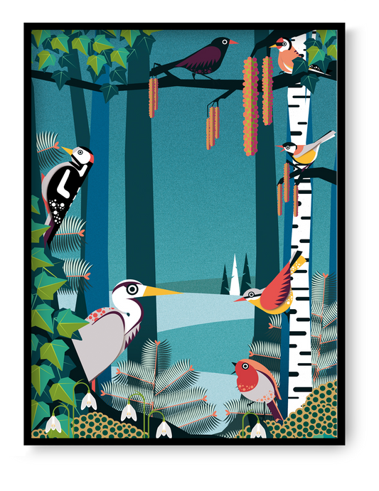 Winter bird illustration by Studio Frits – vibrant art print featuring robins, woodpeckers, and blackbirds among snowy birch trees and frosty foliage. Modern decorative wall art celebrating winter wildlife and seasonal charm. Perfect gift for bird lovers and nature art collectors. High-quality giclée print for cozy interiors and winter-themed home decor