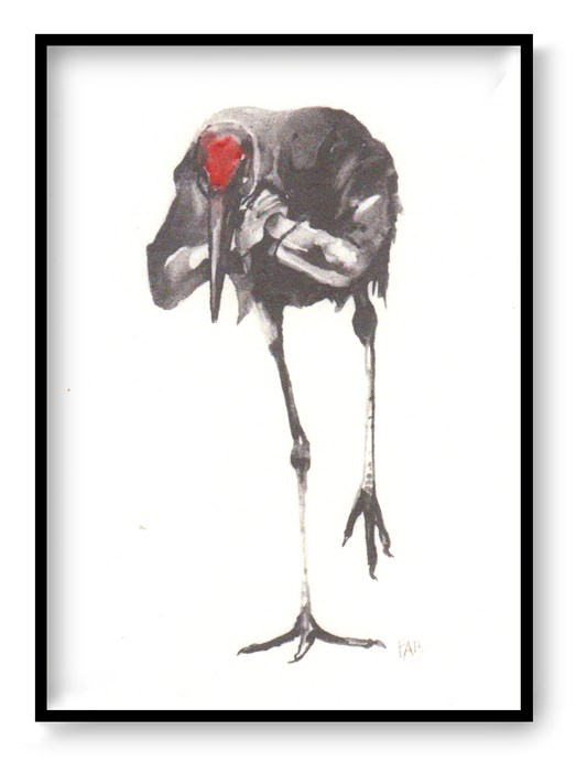 Expressive art print of a black bird by FAB titled 'Black Bird' – minimalist illustration featuring a solitary bird with a striking red head, rendered in delicate watercolor tones. Contemporary avian artwork with emotional depth, perfect for modern interiors and bird art collectors