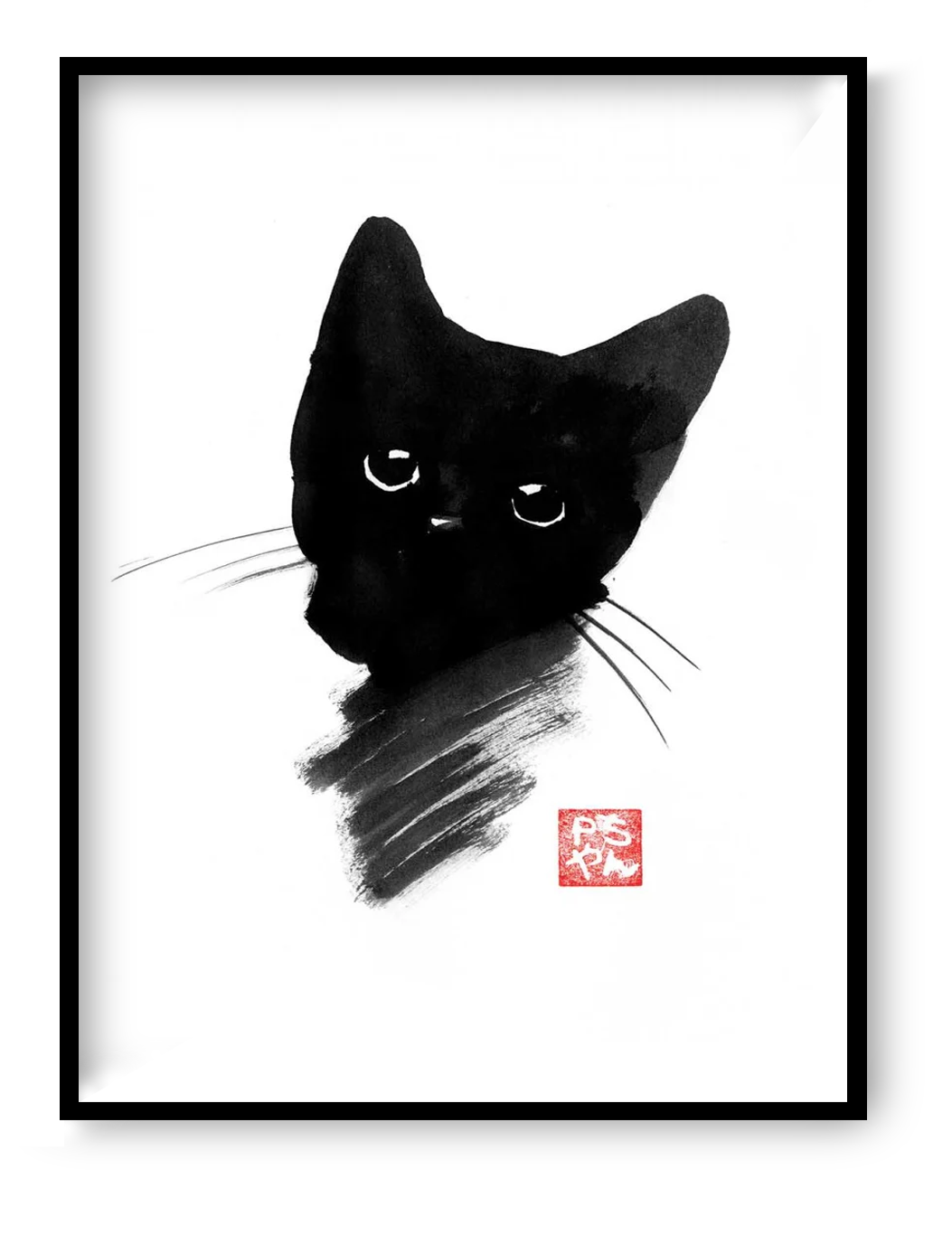 Black Kitty by Pechane Sumie – 30x40 cm Japanese sumi-e style art print of a black kitten with large expressive eyes, painted in bold black ink on white background. Minimalist cat wall art for elegant and zen interiors.