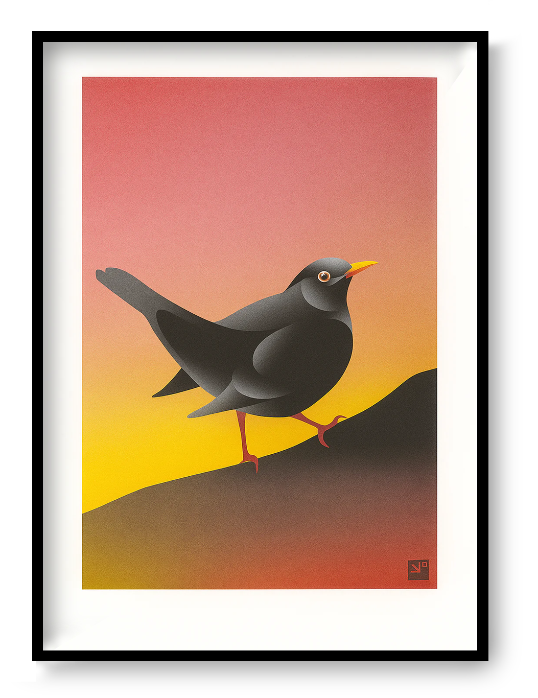 Blackbird illustration by VrijFormaat featuring a sleek black bird against a warm sunset gradient background — modern nature-inspired wall art available at Galerie Frits