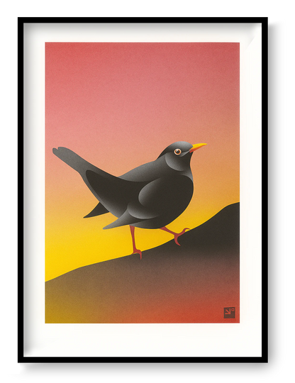 Blackbird illustration by VrijFormaat featuring a sleek black bird against a warm sunset gradient background — modern nature-inspired wall art available at Galerie Frits
