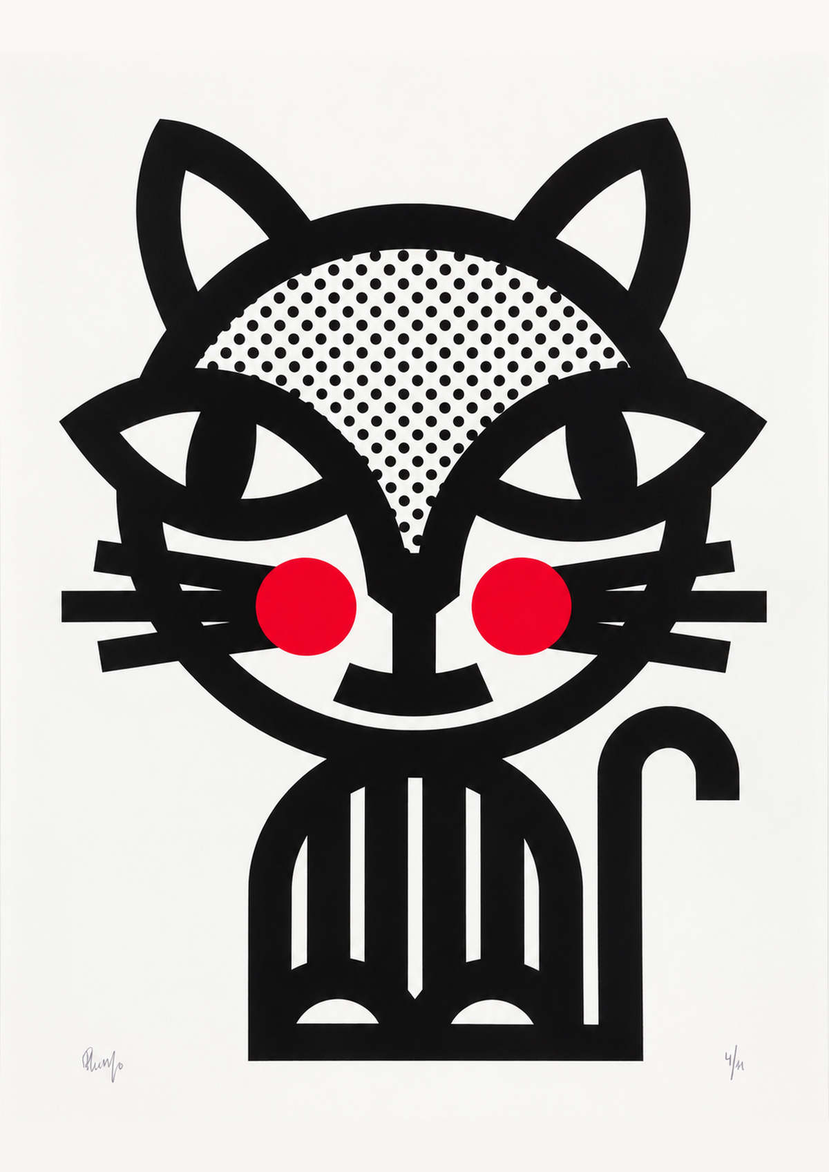Black Cat by PLUMO, vertical A3 hand-pulled screenprint featuring a graphic black cat with dotted details and bright red cheeks, bold wall art for modern home decor.