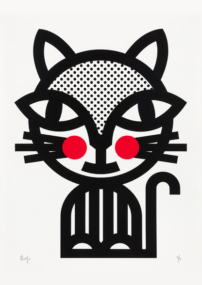Black Cat by PLUMO, vertical A3 hand-pulled screenprint featuring a graphic black cat with dotted details and bright red cheeks, bold wall art for modern home decor.