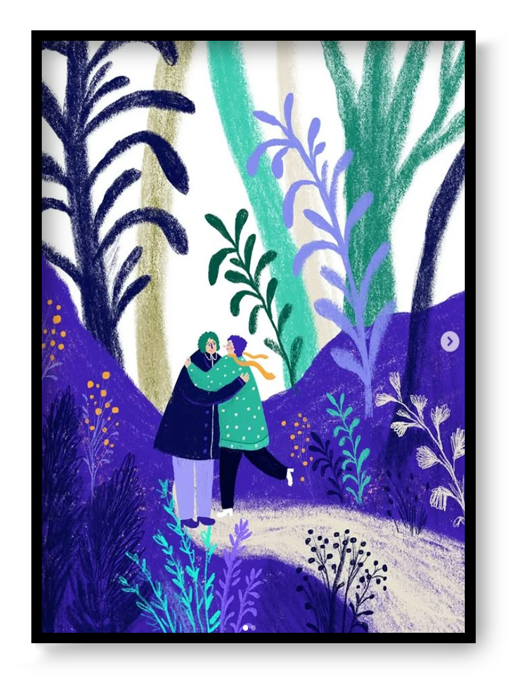 Colourful digital art print by Belgian illustrator Louise de Meester, featuring two people hugging in a dreamy, lush forest setting with purple and green foliage – 21x29.7 cm, perfect for adding warmth and love to your home.