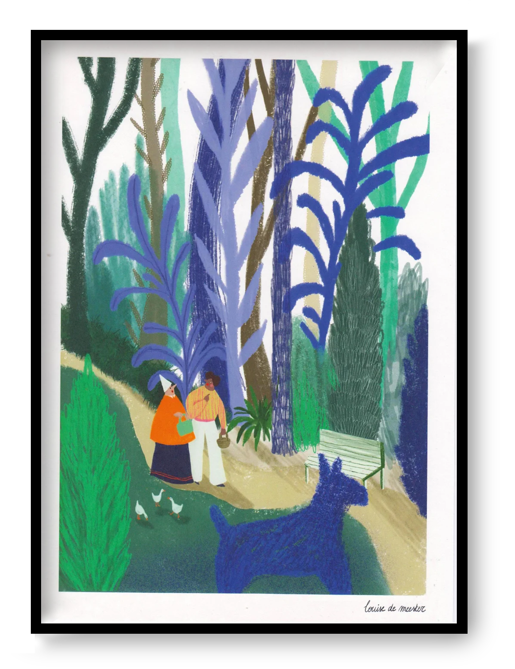 Digital art print "Blauwe Wandeling" by Louise de Meester, featuring two people walking in a lush, colorful park with large blue plants and a playful blue dog. Ideal for whimsical and nature-inspired home decor.