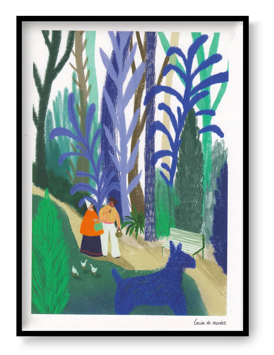 Digital art print "Blauwe Wandeling" by Louise de Meester, featuring two people walking in a lush, colorful park with large blue plants and a playful blue dog. Ideal for whimsical and nature-inspired home decor.